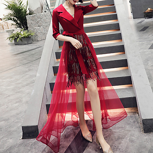 

Sheath / Column Hot Red Party Wear Prom Dress V Neck Half Sleeve Asymmetrical Tulle Sequined with Sequin Tassel 2020