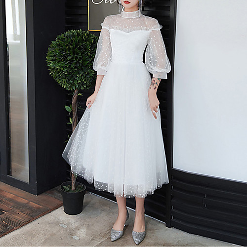 

A-Line White Retro Graduation Cocktail Party Dress High Neck Half Sleeve Tea Length Tulle with Pleats 2021