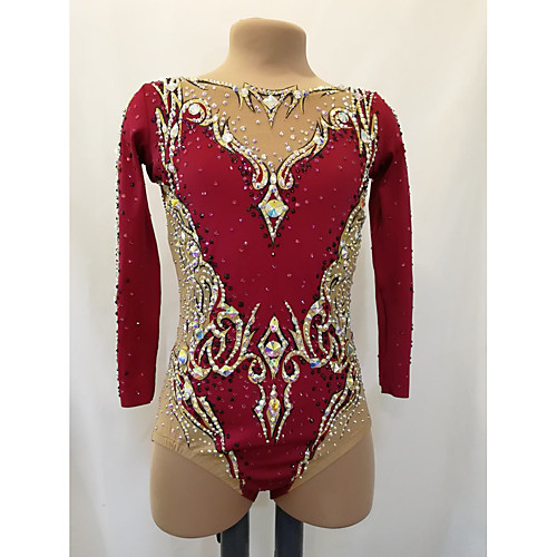 

21Grams Rhythmic Gymnastics Leotards Artistic Gymnastics Leotards Women's Girls' Leotard Burgundy Spandex High Elasticity Breathable Handmade Jeweled Diamond Look Long Sleeve Training Dance Rhythmic