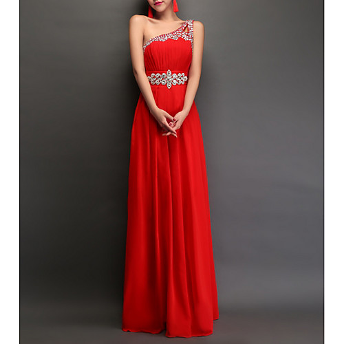 

A-Line Empire Red Engagement Prom Dress One Shoulder Sleeveless Floor Length Polyester with Crystals 2020
