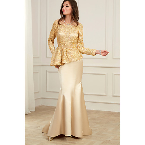 

Mermaid / Trumpet Peplum Wedding Guest Formal Evening Dress Jewel Neck Long Sleeve Floor Length Charmeuse with Appliques 2021