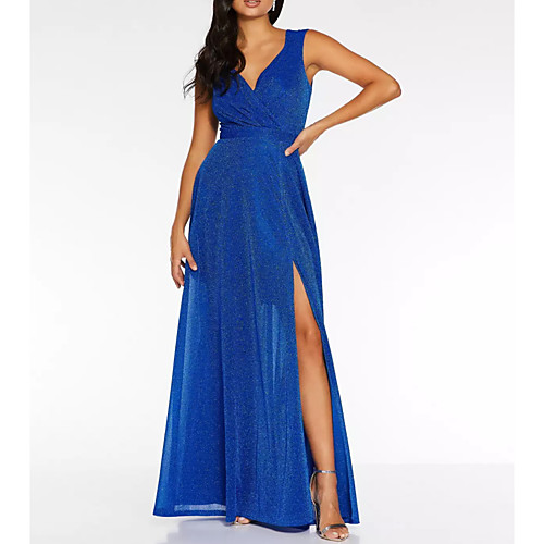 

A-Line Glittering Holiday Prom Dress V Neck Sleeveless Floor Length Polyester with Sequin Split 2021