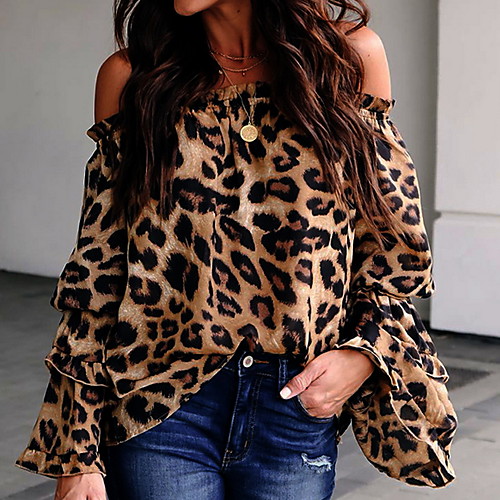 

Women's Leopard Shirt Daily Off Shoulder Light Brown