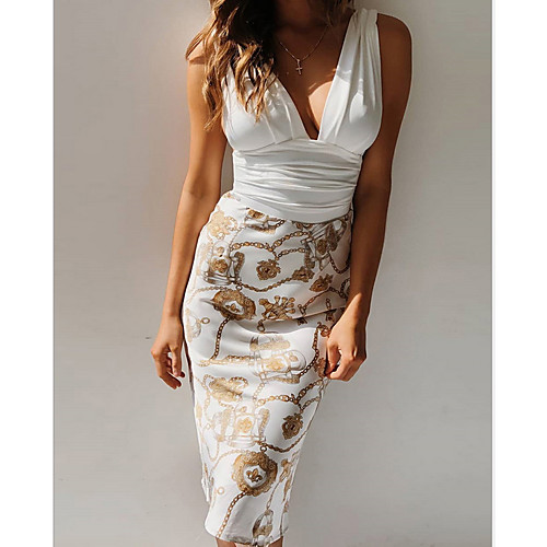

Women's Bodycon Dress - Sleeveless Print Chains Print Floral Deep V Sexy Party Slim White S M L XL