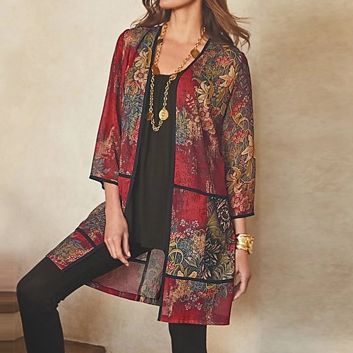 

Women's Floral Long Sleeve Cardigan Sweater Jumper, Round Neck Wine / Purple / Green S / M / L