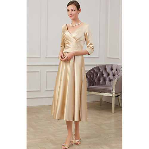 

A-Line Mother of the Bride Dress Plus Size Elegant V Neck Ankle Length Polyester 3/4 Length Sleeve with Ruching 2021