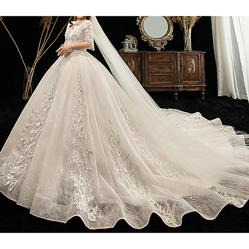 

Ball Gown Wedding Dresses V Neck Watteau Train Lace Tulle Half Sleeve Formal Plus Size with Lace Lace Insert 2021