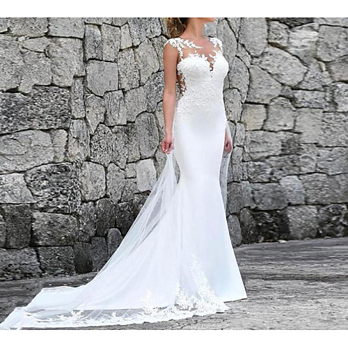 

Mermaid / Trumpet Wedding Dresses Jewel Neck Court Train Polyester Sleeveless Country Plus Size with Lace Insert Appliques 2021