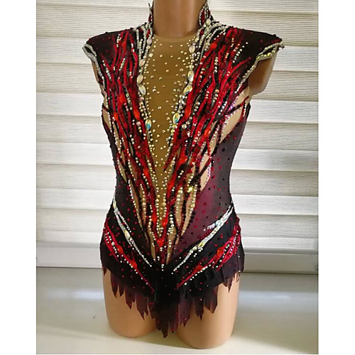 

21Grams Rhythmic Gymnastics Leotards Artistic Gymnastics Leotards Women's Girls' Leotard Red Spandex High Elasticity Breathable Handmade Jeweled Diamond Look Sleeveless Competition Dance Rhythmic