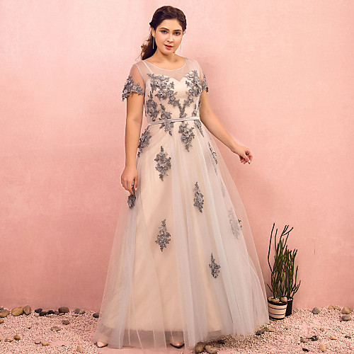 

A-Line Plus Size Prom Formal Evening Dress Illusion Neck Short Sleeve Floor Length Lace Satin Tulle with Sash / Ribbon Appliques 2021