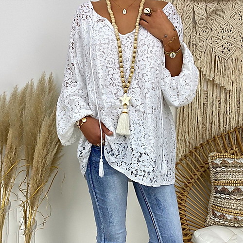 

Women's Floral Lace Hollow Out Loose Blouse - Lace Casual Daily V Neck White
