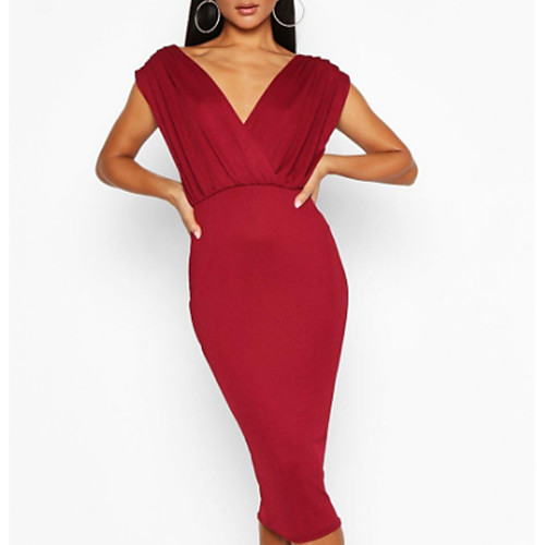 

Sheath / Column Elegant Wedding Guest Formal Evening Valentine's Day Dress V Neck Sleeveless Knee Length Polyester with Draping 2021