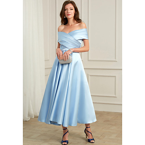 

A-Line Sexy Wedding Guest Cocktail Party Dress Off Shoulder Short Sleeve Ankle Length Chiffon with Pleats 2021