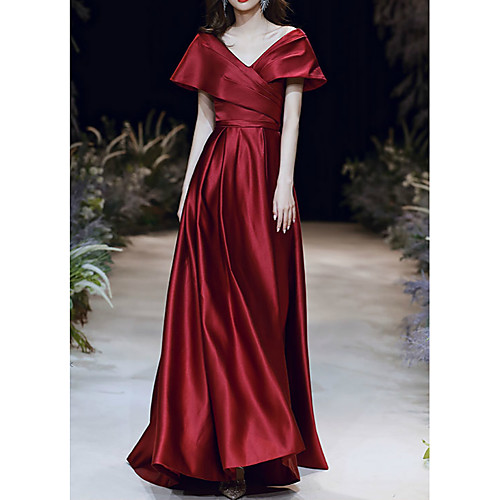 

A-Line Elegant Prom Formal Evening Dress V Neck Short Sleeve Floor Length Satin with Pleats Ruched 2021