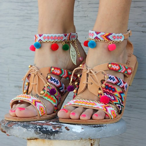 

Women's Sandals Boho / Beach Flat Sandal Spring & Summer Flat Heel Round Toe Boho Daily Beach Geometric PU Yellow
