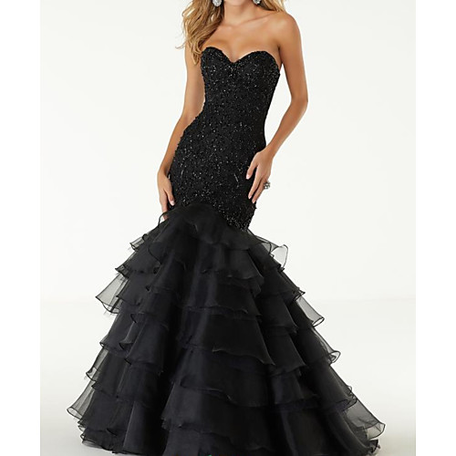 

Mermaid / Trumpet Wedding Dresses Sweetheart Neckline Sweep / Brush Train Polyester Sleeveless Country Plus Size Black with Appliques Cascading Ruffles 2021