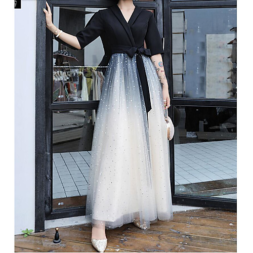 

A-Line Color Block Party Wear Prom Dress V Neck Half Sleeve Floor Length Spandex Lace Satin with Bow(s) 2021