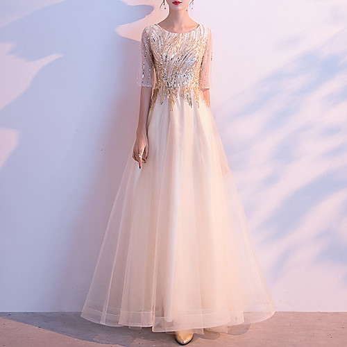

A-Line Sparkle Elegant Prom Formal Evening Dress Jewel Neck Half Sleeve Floor Length Tulle with Appliques 2021