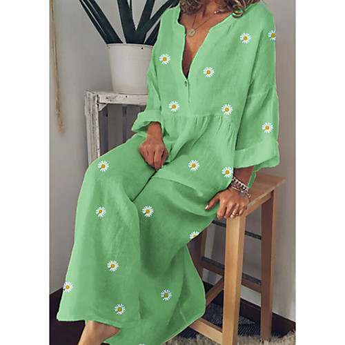 

Women's Maxi A Line Dress - Long Sleeve Floral Floral Spring Summer V Neck Vacation Loose Yellow Green Light Blue M L XL XXL XXXL XXXXL XXXXXL / Cotton