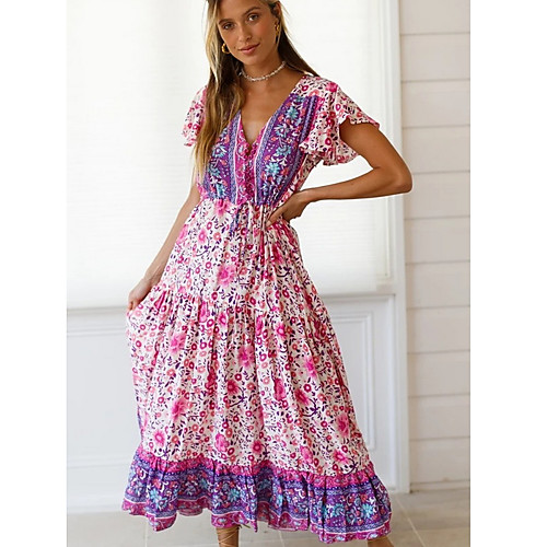 

Women's A Line Dress Maxi long Dress Blushing Pink Short Sleeve Print V Neck S M L XL