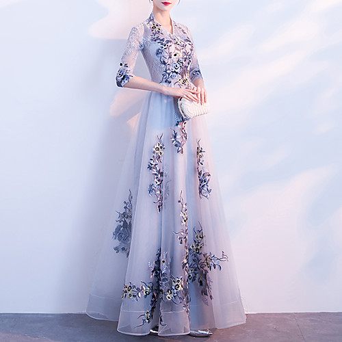 

A-Line Chinese Style Floral Prom Formal Evening Dress V Neck Half Sleeve Floor Length Tulle with Embroidery Appliques 2021