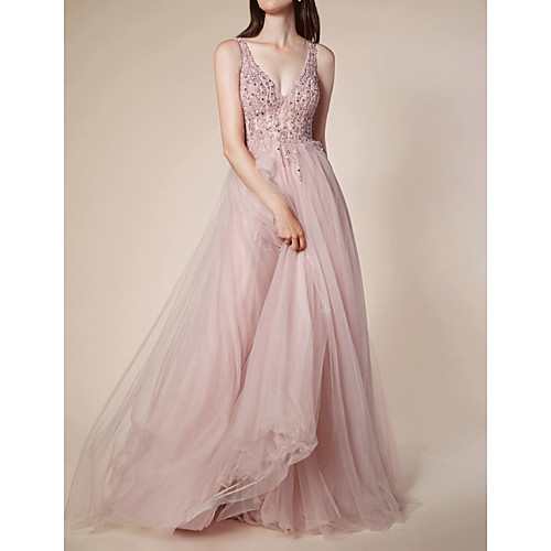 

A-Line Elegant Engagement Prom Dress V Neck Sleeveless Sweep / Brush Train Tulle with Pleats Beading 2021