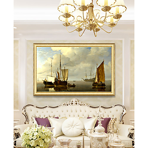 

Framed Art Print Elegant Design Antique Golden Wood Framed Canvas Sailboat Seascape PS Oil Painting Wall Art