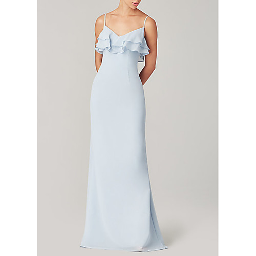 

Sheath / Column V Neck Floor Length Polyester Bridesmaid Dress with Ruffles