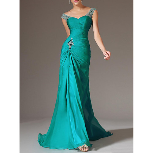 

Mermaid / Trumpet Elegant Engagement Formal Evening Dress Scoop Neck Sleeveless Court Train Polyester with Crystals Draping 2021