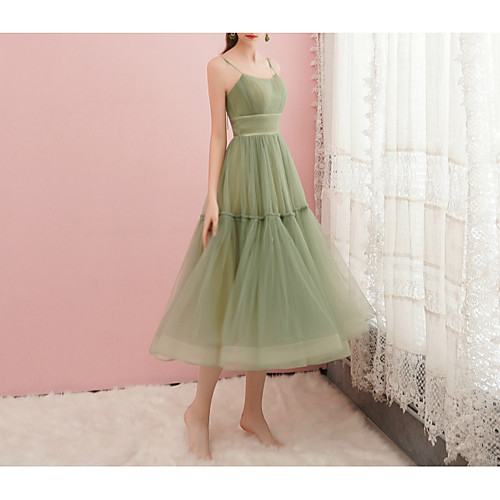 

A-Line Spring Cocktail Party Prom Dress Spaghetti Strap Sleeveless Tea Length Satin Tulle with Pleats Ruched 2021