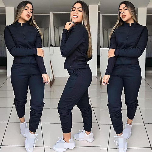 

Women's 2 Piece Full Zip Tracksuit Sweatsuit Jogging Suit Street Casual Winter Long Sleeve Elastane Breathable Soft Fitness Running Jogging Sportswear Solid Colored Jacket Joggers Black Dark Blue Gray