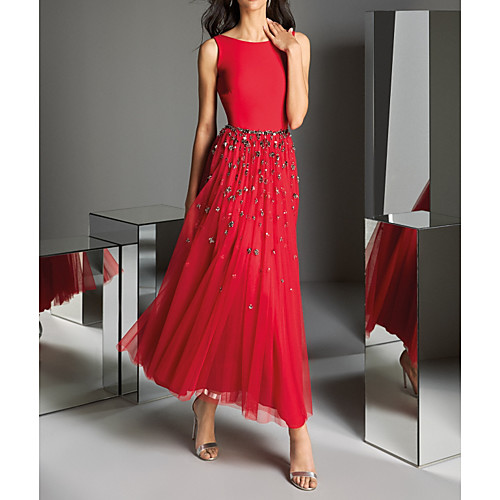 

A-Line Elegant Wedding Guest Formal Evening Dress Jewel Neck Sleeveless Ankle Length Polyester with Pleats Crystals Sequin 2021