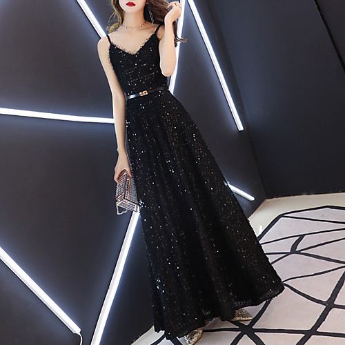 

A-Line Glittering Prom Formal Evening Dress V Neck Sleeveless Floor Length Sequined with Sash / Ribbon Sequin 2021