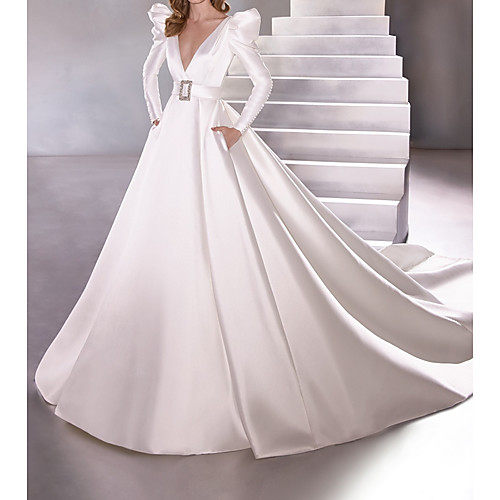 

A-Line Wedding Dresses Plunging Neck Court Train Satin Long Sleeve Vintage Plus Size with Sashes / Ribbons 2021