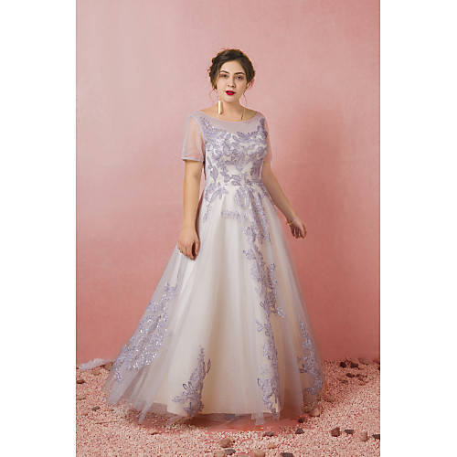 

A-Line Plus Size Prom Formal Evening Dress Illusion Neck Short Sleeve Floor Length Lace Satin Tulle with Pleats 2021
