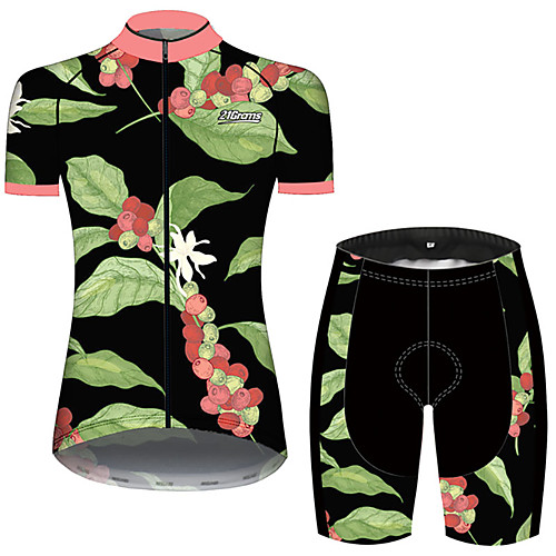 

21Grams Women's Short Sleeve Cycling Jersey with Shorts Spandex Polyester Green / Black Floral Botanical Fruit Bike Clothing Suit Breathable 3D Pad Quick Dry Ultraviolet Resistant Sweat-wicking Sports