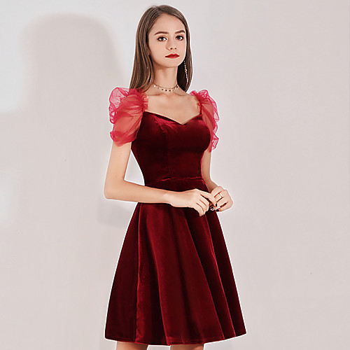 

A-Line Vintage Party Wear Cocktail Party Dress V Neck Short Sleeve Short / Mini Velvet with Pleats 2021