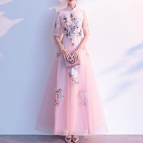 

A-Line Chinese Style Pink Party Wear Prom Dress High Neck Half Sleeve Floor Length Tulle with Appliques 2020