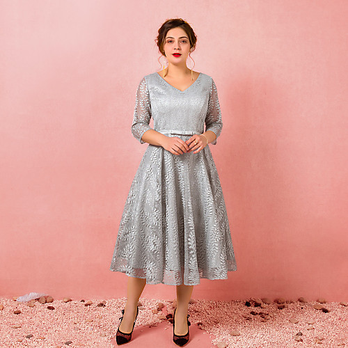 

A-Line Plus Size Homecoming Cocktail Party Dress V Neck 3/4 Length Sleeve Tea Length Lace Satin with Bow(s) 2021