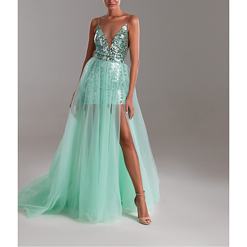 

A-Line Sexy Party Wear Formal Evening Dress Illusion Neck Sleeveless Sweep / Brush Train Tulle with Sequin Split 2021