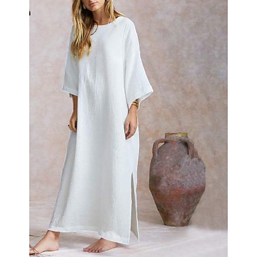 

Women's Loose Maxi long Dress White Black Khaki 3/4 Length Sleeve Solid Color Split Spring Summer Round Neck Hot Cotton S M L XL XXL 3XL 4XL
