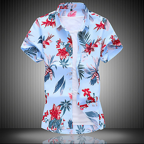 

Men's Geometric Shirt - Cotton Basic Beach Classic Collar White / Blue / Short Sleeve
