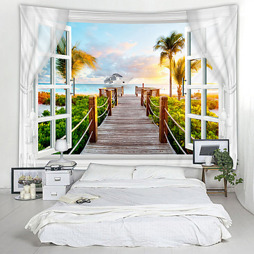 

Window Landscape Wall Tapestry Art Decor Blanket Curtain Picnic Tablecloth Hanging Home Bedroom Living Room Dorm Decoration Polyester Sea Ocean Beach Palm Pier