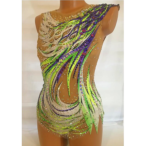 

21Grams Rhythmic Gymnastics Leotards Artistic Gymnastics Leotards Women's Girls' Leotard Green Spandex High Elasticity Breathable Handmade Jeweled Diamond Look Sleeveless Training Dance Rhythmic