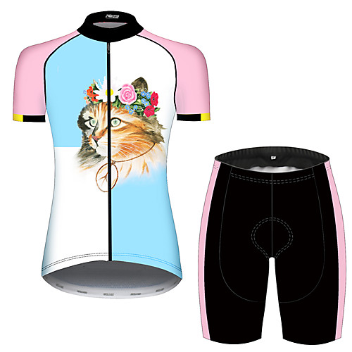 

21Grams Women's Short Sleeve Cycling Jersey with Shorts Spandex BluePink Cat Floral Botanical Animal Bike Quick Dry Breathable Sports Cat Mountain Bike MTB Road Bike Cycling Clothing Apparel