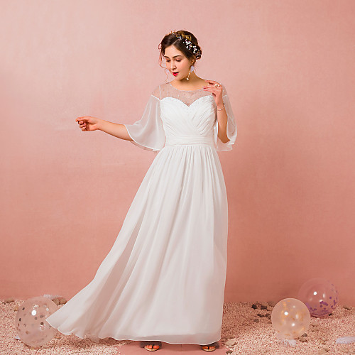 

A-Line Empire White Engagement Prom Dress Illusion Neck Jewel Neck Half Sleeve Floor Length Chiffon with Pleats Ruched 2021