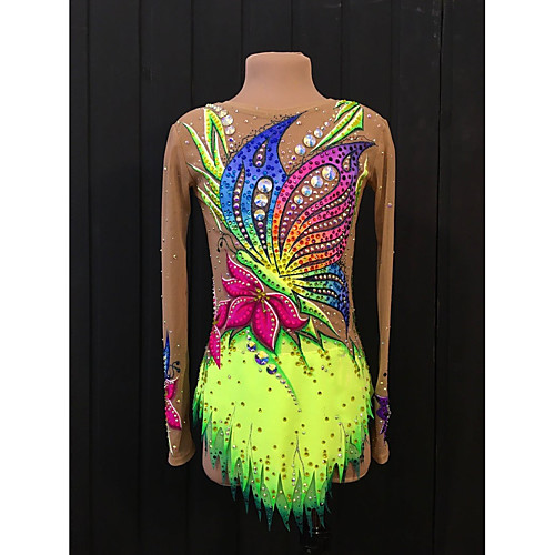 

21Grams Rhythmic Gymnastics Leotards Artistic Gymnastics Leotards Women's Girls' Leotard Green Spandex High Elasticity Breathable Handmade Jeweled Diamond Look Long Sleeve Training Dance Rhythmic