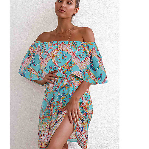 

Women's Shift Dress - Half Sleeve Print Off Shoulder Blue Purple Yellow S M L XL