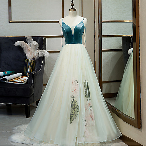 

A-Line Floral Engagement Prom Dress V Neck Sleeveless Floor Length Tulle Velvet with Embroidery 2021