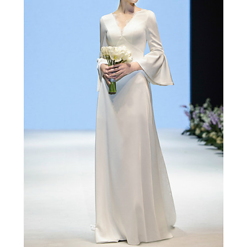 

A-Line Wedding Dresses V Neck Sweep / Brush Train Lace Satin Long Sleeve Simple Elegant with Lace Lace Insert 2021